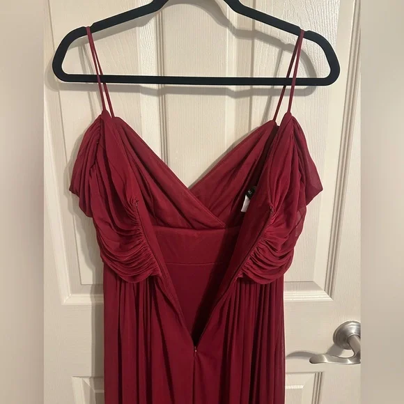 ALFRED SUNG D743 Ruched V-Neck Cold Shoulder Maxi Dress w Slit, Burgundy, Sz 2 - Picture 8 of 15